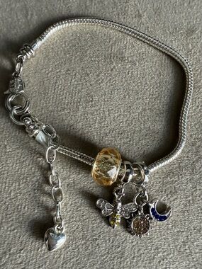 Silver Charm Bracelet with Yellow Crystal and Bee, Moon & Sun Charms